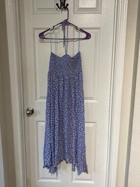 Fashion Nova Blue Floral Pattern Halter Strap Summer Dress